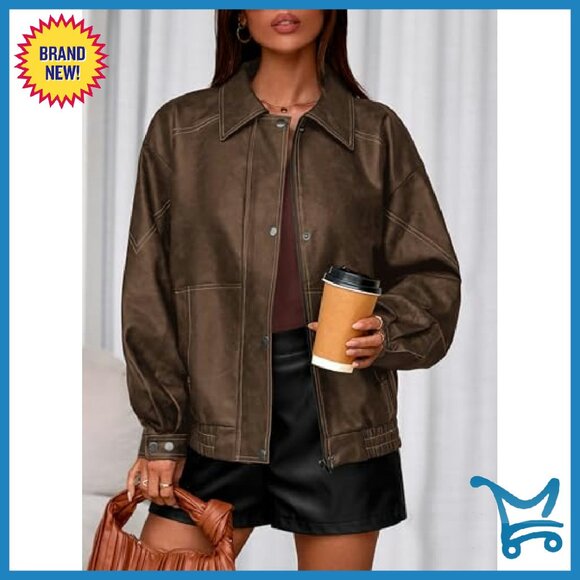 Oversized Faux Leather Bomber Jacket Women's Motorcycle Style Zip Up - Picture 6 of 8